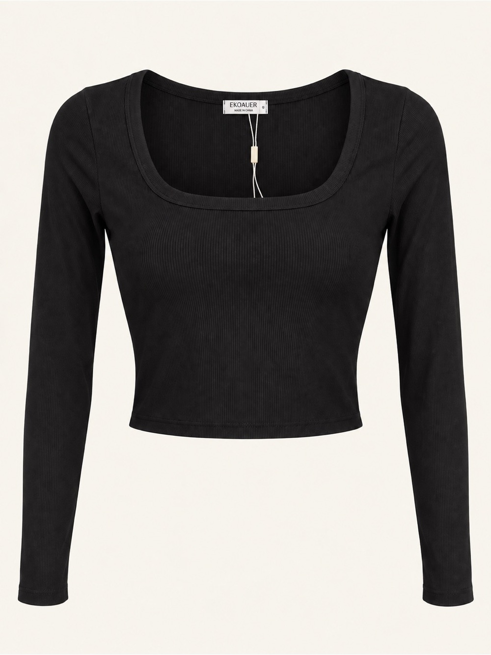 Ekouaer Black Ribbed Square Neck Long Sleeve Crop Top Size S NWOT